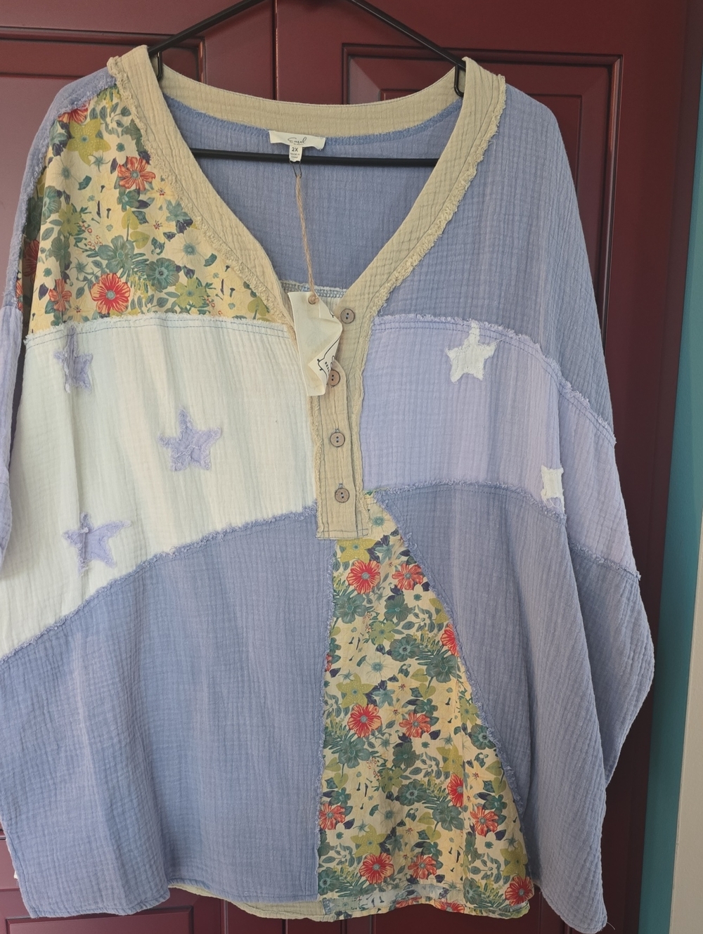 easel Lavender Cream Patchwork Tunic with Floral & Star Details